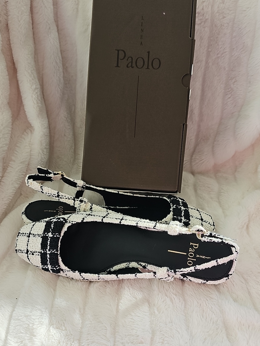 Paolo Black & White Tweed Slingback Pointed-Toe Flats
